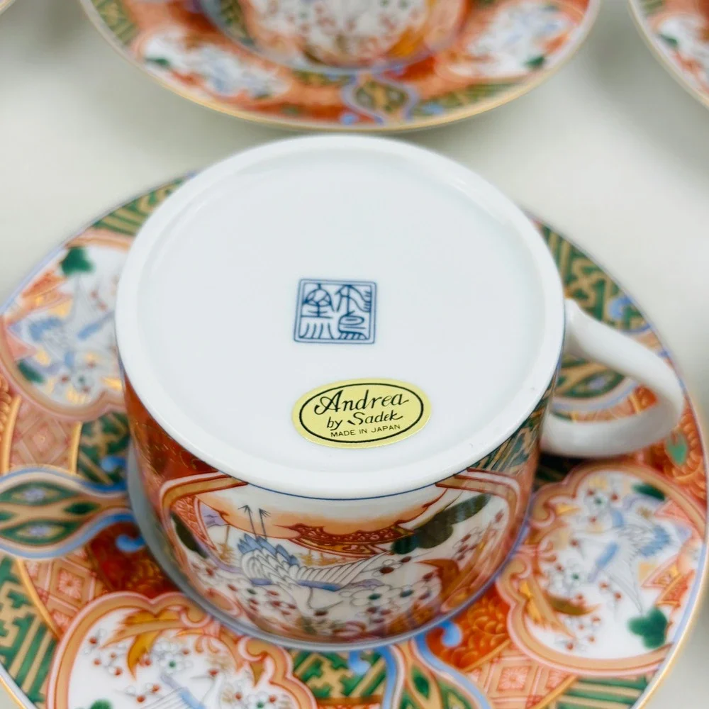 Andrea by Sadek Stork & Blossom Cup and Saucer Set of 6 Imari Japanese Porcelain